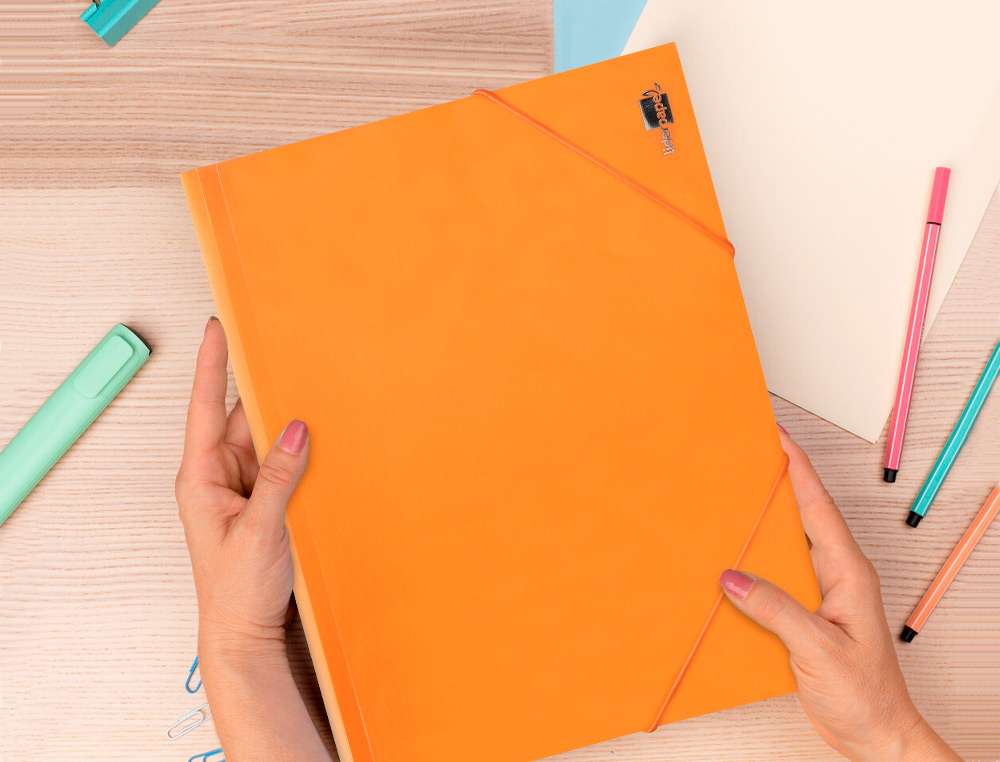 CARPETA LIDERPAPEL GOMAS TRES SOLAPAS POLIPROPILENO DIN A4 COLOR NARANJA OPACO
