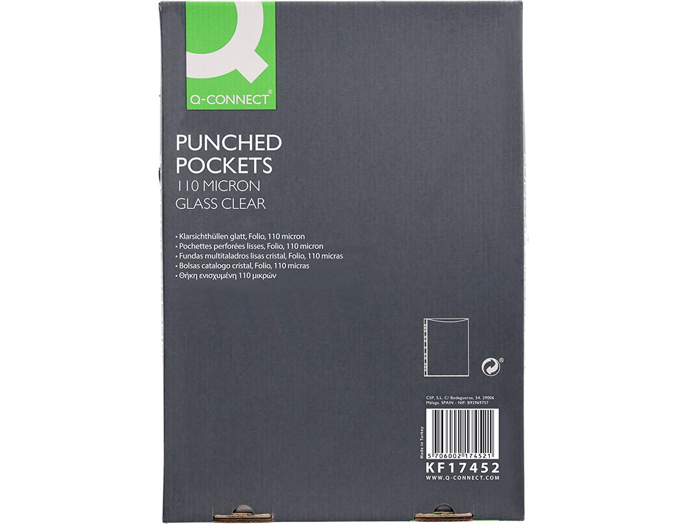 FUNDA MULTITALADRO Q-CONNECT FOLIO PVC 110 MICRAS CRISTAL CAJA 100 UNIDADES