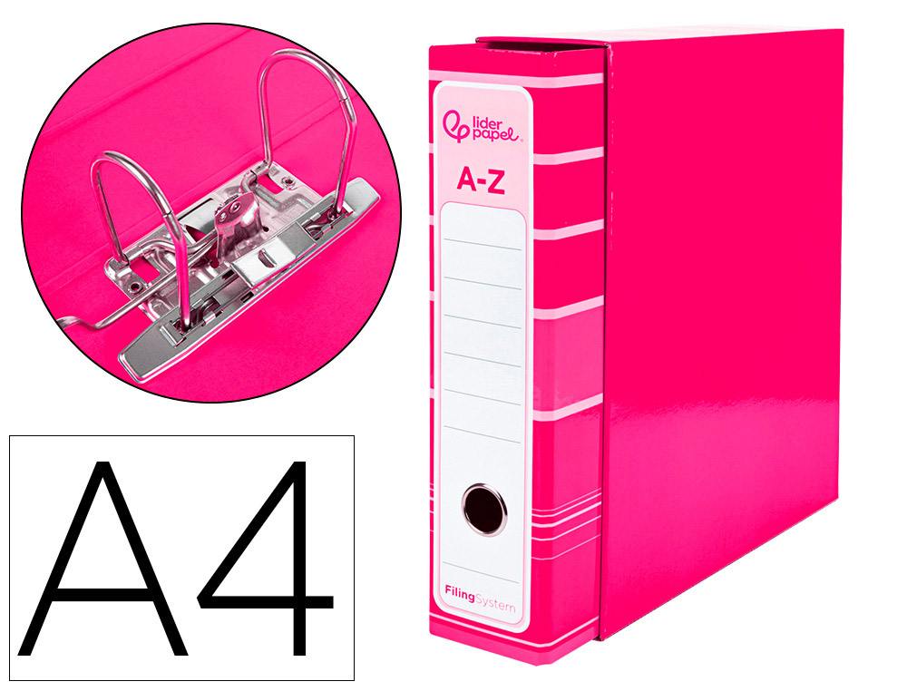 ARCHIVADOR DE PALANCA LIDERPAP EL A4 FILING SYSTEM FORRADO SIN RADO LOMO 80MM ROSA CON CAJA Y COMPRESOR METALICO
